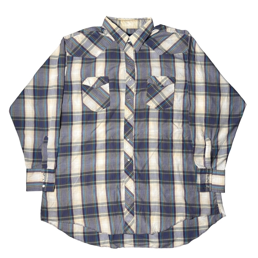 Wrangler Mens Plaid Western Snap Shirt Purple Teal X-Long Tails 19 x 36 XL